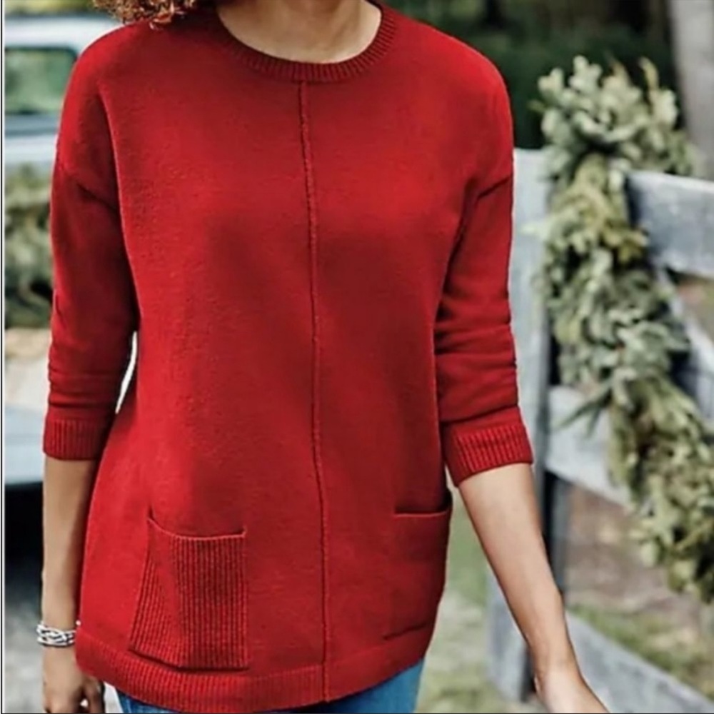 J. Jill Ribbed Pocket Crewneck Sweater Pullover Ruby Red Size Small Petite